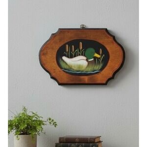 Vintage Hand-Painted Mallard Duck Wall Plaque Signed Wood Folk Art 13.5"